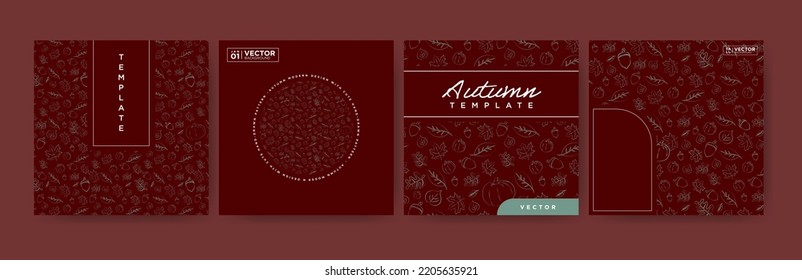 Conjunto de plantillas de diseño con patrones de Marrón Escorvado con patrones de elementos otoñales dibujados a mano con hojas, arce, bellota, calabaza. Ilustración vectorial.