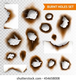Set of scorched piece of paper and burnt holes on transparent background isolated vector illustration