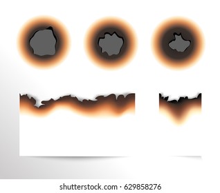 Set of scorched piece of paper and burnt holes on white background isolated vector illustration