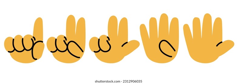Set the score to five on your fingers in cartoon style. Bent fingers, similar to numbers. Round yellow cartoon hands with a contour on a white background. Printing children's hands, training.