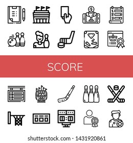 Set of score icons such as Scoring, Bowling pins, Stadium, Bowling, Red card, Hockey stick, Reward, Pinball, Ranking, Scoreboard, Hoop, Footballer , score