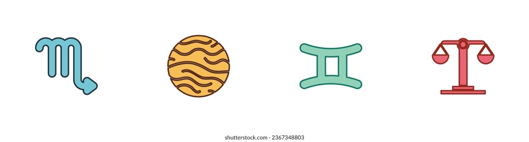 Set Scorpio zodiac, Planet Venus, Gemini and Libra icon. Vector