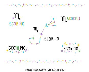 O zodíaco de Escorpião canta. Constelações coloridas de desenhos animados e letras cantam. Tatuagem de talismã de caneta de feltro desenhado à mão, logotipo, adesivo. Elemento isolado.