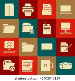 Set Scotch, Blank notebook and pencil with eraser, Computer monitor keyboard, File document, Delete folder, Document, Envelope and Note paper pinned pushbutton icon. Vector