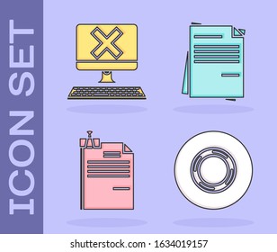 Set Scotch, Computer with keyboard and x mark, File document and binder clip and File document icon. Vector