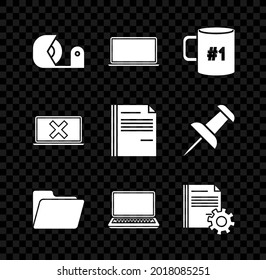 Set Scotch, Laptop, Coffee cup flat, Document folder, settings with gears, and cross mark on screen and File document icon. Vector