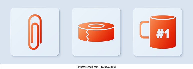 Set Scotch, Paper clip and Coffee cup flat. White square button. Vector