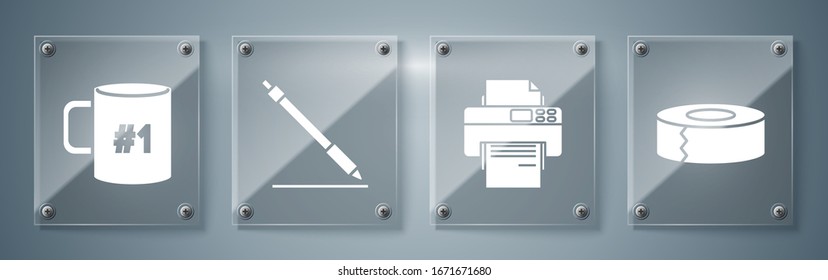 Ajuste el escocés, la impresora, la línea de la pluma y la taza del café planos. Paneles de vidrio cuadrado. Vector