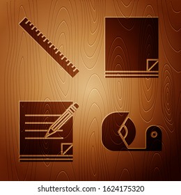 Set Scotch, Ruler, Blank notebook and pencil with eraser and File document on wooden background. Vector