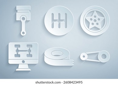 Set Scotch tape, Car wheel, Diagnostics condition of car, Timing belt kit, Gear shifter and Engine piston icon. Vector