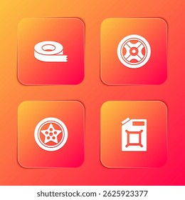 Set Scotch tape, Car wheel,  and Canister for gasoline icon. Vector