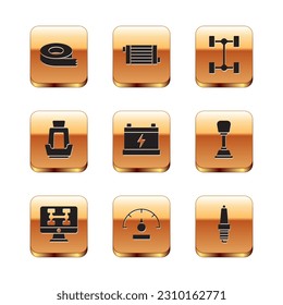 Set Scotch tape, Diagnostics condition of car, Speedometer, Car battery, seat, Chassis, spark plug and radiator cooling system icon. Vector