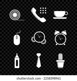 Set Scotch, Telephone handset, Coffee cup flat, Marker pen, Tie, Cactus succulent in pot, Computer mouse and Time Management icon. Vector