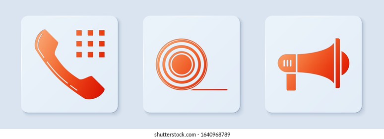 Set Scotch, Telephone handset and Megaphone. White square button. Vector