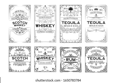 Juego de whisky de whisky, tequila, etiquetas de ron. Marcos de alcohol de época para botellas con letras.