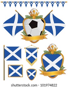 Set Of Scotland Football Supporter Flags And Emblems, Isolated On White