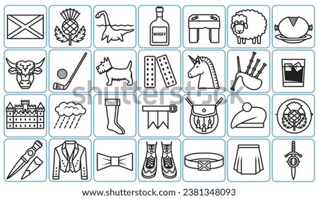 Set of scotland icons. Thin linear style icons Pack. Vector Illustration. Set of famous symbols of Scotland. Vector collection of colorful icons.
