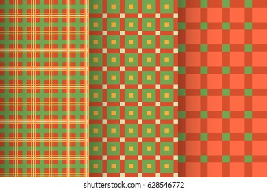 Set of Scottish seamless patterns tartan checkered plaid, red and green colors, abstract backgrounds, vector illustration.
