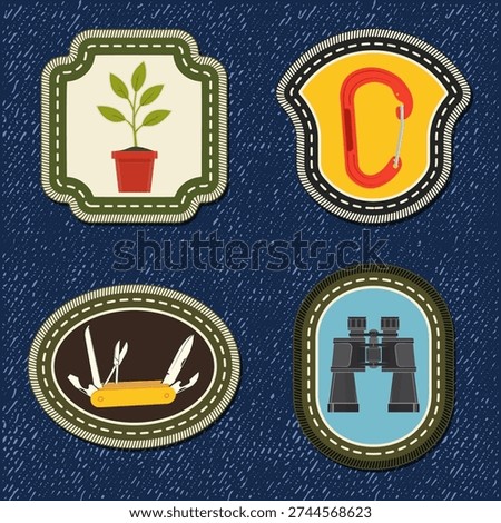Set of Scout badge with binoculars, Red climbing carabiner, knife, potted plant with a growing seedling. Vector. Merit patch, sticker for camping outdoor and academic activities.