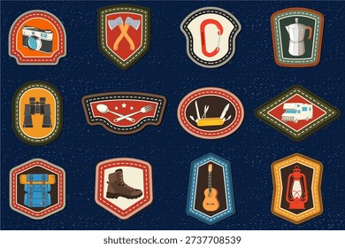 Set of Scout badge with compass, camping mug, pine cone, travel backpack, crossed axes. Vector. Merit patch, sticker for camping outdoor and academic activities