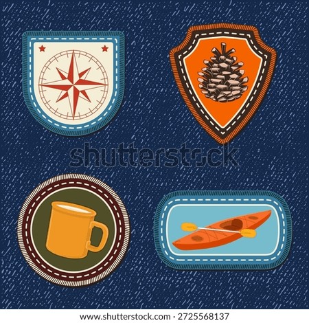 Set of Scout badge with compass, camping mug, pine cone, kayak boat with paddle. Vector. Merit patch, sticker for camping outdoor and academic activities
