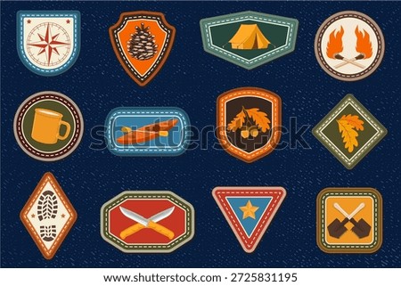 Set of Scout badge with compass, camping mug, pine cone, kayak boat with paddle, knives. Vector. Merit patch, sticker for camping outdoor and academic activities
