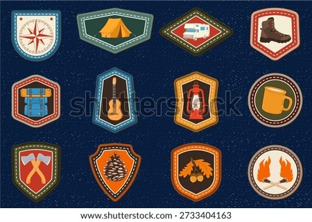 Set of Scout badge with compass, camping mug, pine cone, travel backpack, crossed axes. Vector. Merit patch, sticker for camping outdoor and academic activities