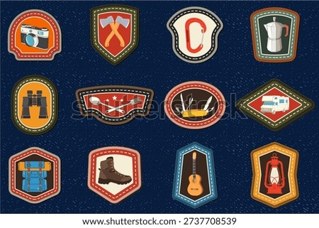 Set of Scout badge with compass, camping mug, pine cone, travel backpack, crossed axes. Vector. Merit patch, sticker for camping outdoor and academic activities