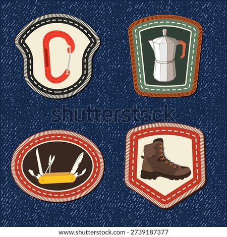Set of Scout badge with compass, camping mug, pine cone, travel backpack, crossed axes. Vector. Merit patch, sticker for camping outdoor and academic activities