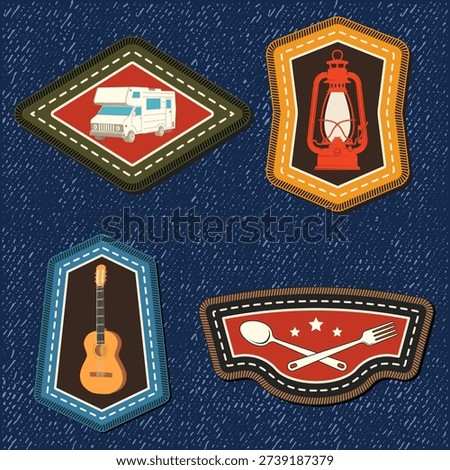 Set of Scout badge with compass, camping mug, pine cone, travel backpack, crossed axes. Vector. Merit patch, sticker for camping outdoor and academic activities