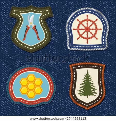 Set of Scout badge with garden pruning shears, honeycombs, ship helm, pine tree. Vector. Merit patch, sticker for camping outdoor and academic activities. Perfect for scouting programs, gardening clubs, outdoor education, camp activities.