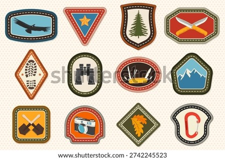 Set of Scout badge with mountain, binoculars, pine tree, climbing carabiner, Pocket knife. Vector. Merit patch, sticker for camping outdoor and academic activities