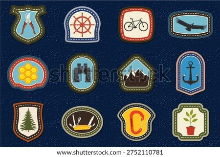 Set of Scout badge with ship helm, anchor marine, growing seedling, honeycombs, mountains, bicycle. Vector. Merit patch, sticker for camping outdoor and academic activities
