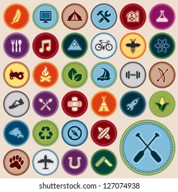 Set of scout merit badges for outdoor and academic activities