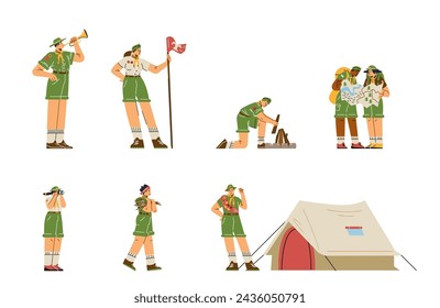 Set von Pfadfindern flachen Stil, Vektor-Illustration isoliert auf weißem Hintergrund. Dekorative Designelemente Kollektion, Lifestyle und Uniform, Trekking und Abenteuer