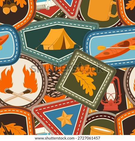 Set of Scout seamless pattern or background. Texture, wallpapers with compass, camping mug, pine cone, kayak boat with paddle, knives. Vector. Merit patch, sticker for camping outdoor and academic