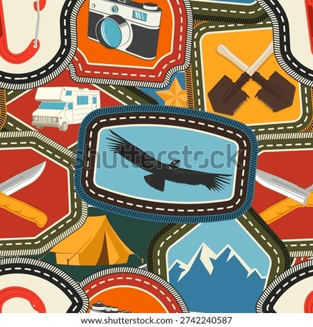 Set of Scout seamless pattern or background. Texture, wallpapers with climbing carabiner, photo camera, tent, rv, knives. Vector. Merit patch, sticker for camping outdoor and academic activities