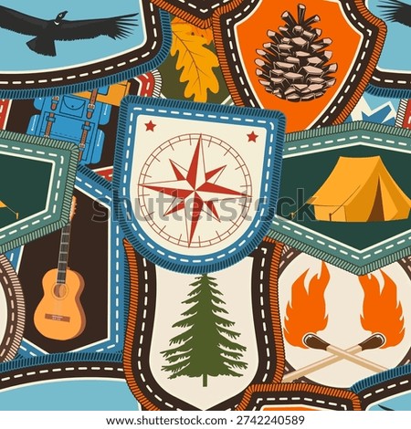 Set of Scout seamless pattern or background. Texture, wallpapers with compass, condor, pine cone, travel backpack, tent. Vector. Merit patch, sticker for camping outdoor and academic activities