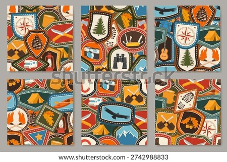 Set of Scout seamless pattern or background. Texture, wallpapers with climbing carabiner, photo camera, tent, rv, knives. Vector. Merit patch, sticker for camping outdoor and academic activities