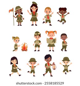 A set of scouts. Cheerful boy and girl scouts in different poses