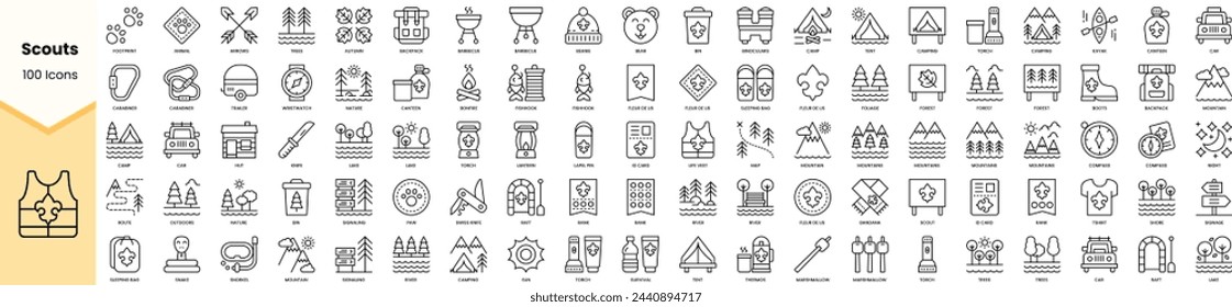 Set of scouts icons. Simple line art style icons pack. Vector illustration
