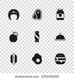 Set Scrambled egg, Covered with tray of food, Burger, Candy, Jam jar, Fish steak, Steak meat and Plum fruit icon. Vector