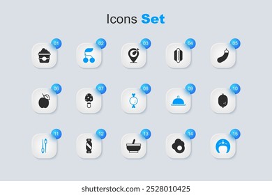 Set Scrambled egg, Fly agaric mushroom, Fresh berries, Food chopsticks, Fish steak, Lemon, Popcorn in cardboard box and Chicken leg icon. Vector