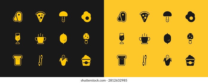 Set Scrambled egg, Food chopsticks, Lemon, Corn, Bowl of hot soup, Mushroom, Steak meat and Slice pizza icon. Vector