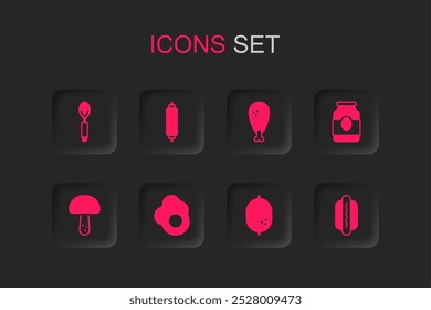 Set Scrambled egg, Rolling pin, Spoon, Lemon, Jam jar, Hotdog, Chicken leg and Mushroom icon. Vector