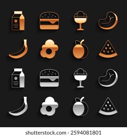 Set Scrambled egg, Steak meat, Watermelon, Plum fruit, Banana, Ice cream in the bowl, aper package for milk and Burger icon. Vector