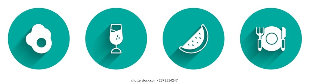 Scrambled Ei, Weinglas, Watermelon und Plate, Gabel und Messer Ikone mit langem Schatten setzen. Vektorgrafik