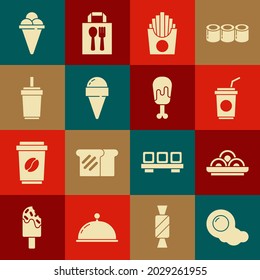 Set Scrambled eggs, Asian noodles in bowl, Paper glass with straw, Potatoes french fries box, Ice cream waffle cone,  and Chicken leg icon. Vector