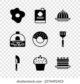Set Scrambled eggs, Cookbook, Pudding custard, Knife, Cake, Brick stove and Donut icon. Vector