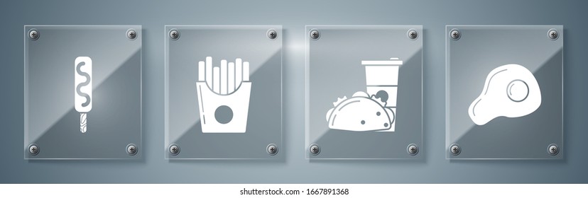Set Scrambled eggs, Paper glass and taco with tortilla, Potatoes french fries in carton package box and Ice cream. Square glass panels. Vector